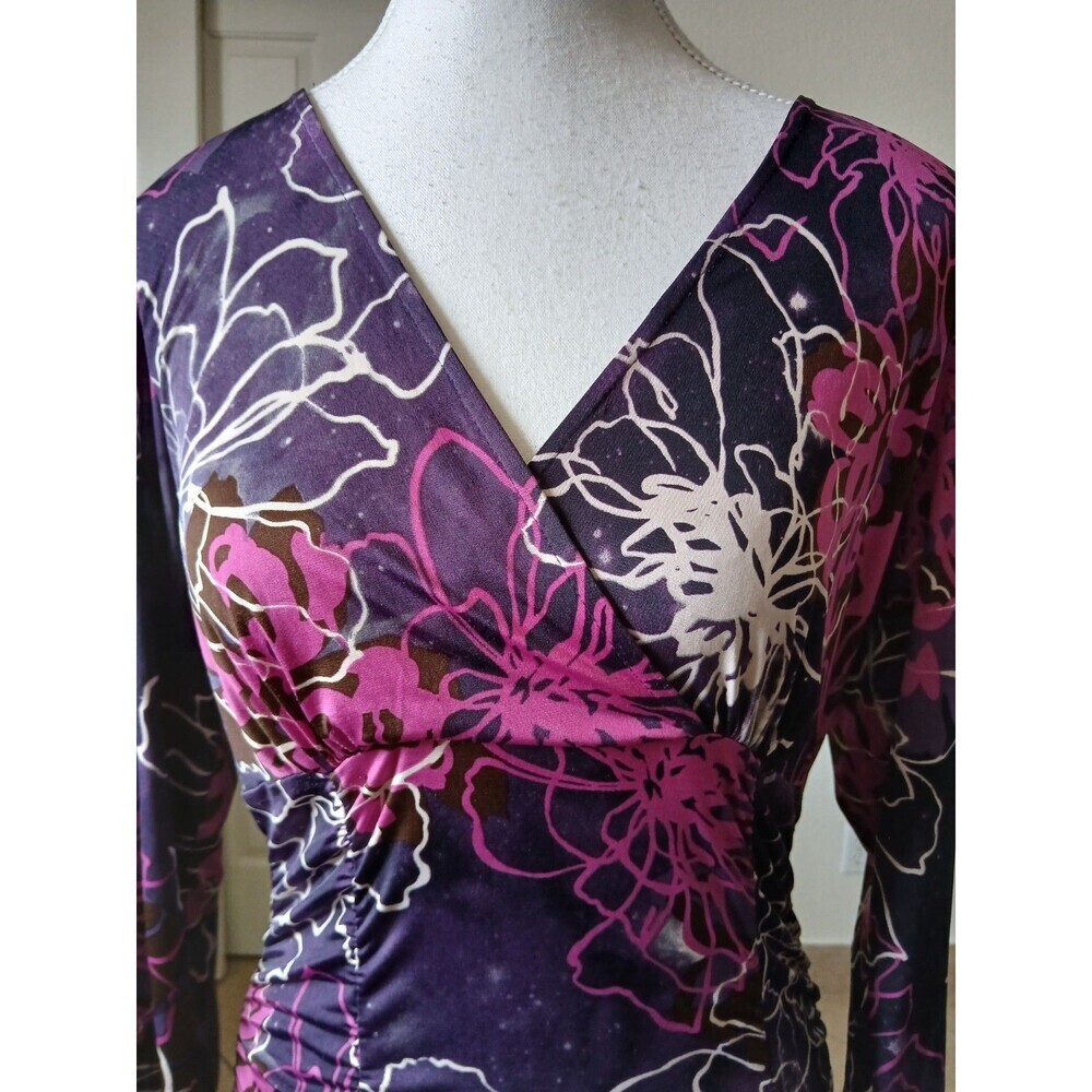 INC International Concepts Woman’s Pink Purple 3/4 Sleeve V Neck Ruched‎  L Y2K - Picture 7 of 14